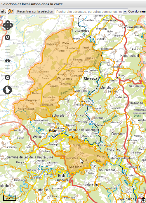 Les communes sélectionnées sont facilement reconnaissables du fait que l'interface les colorie sur la carte